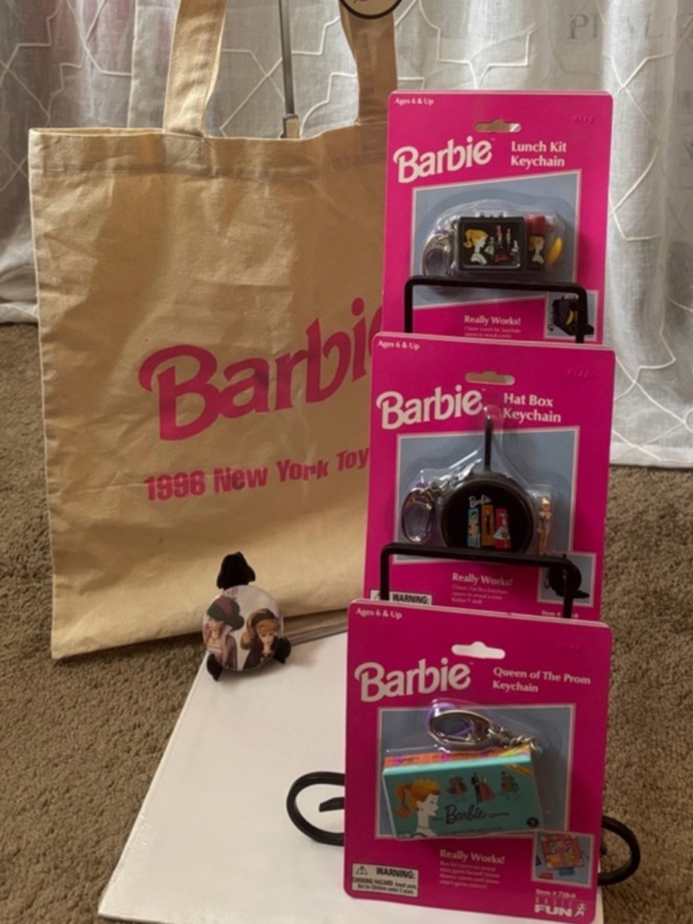 Barbie Keychain Set By Basic Fun, From 1999– 1996 NY Toy Fair Tote & Barbie Pin